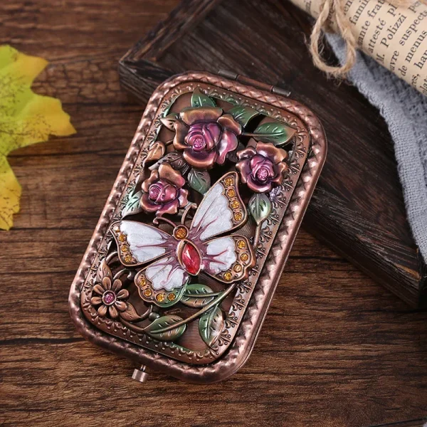 European Metal Mirror Portable Mirror Vintage Pocket Folding Double Sided Makeup Gift Embossed Craftsmanship 2