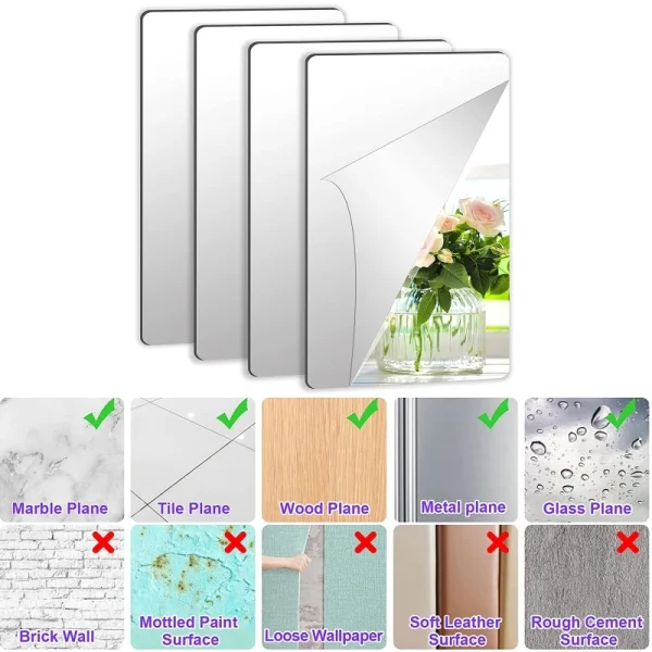 4pcs Acrylic Mirror Sheets Flexible Non Glass with 16pcs Self Adhesive Stickers 2