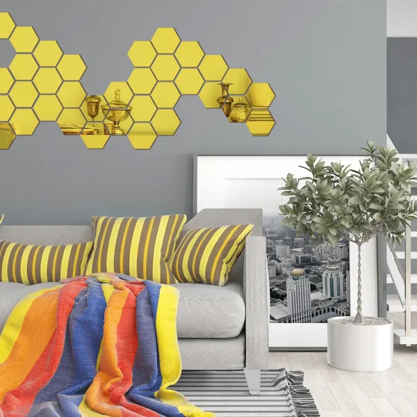 12PCs/Set DIY 3D Mirror Wall Sticker Hexagon Home Decor Mirror Decor Stickers Art Wall Bedroom Decoration Self-adhesive Stickers 3