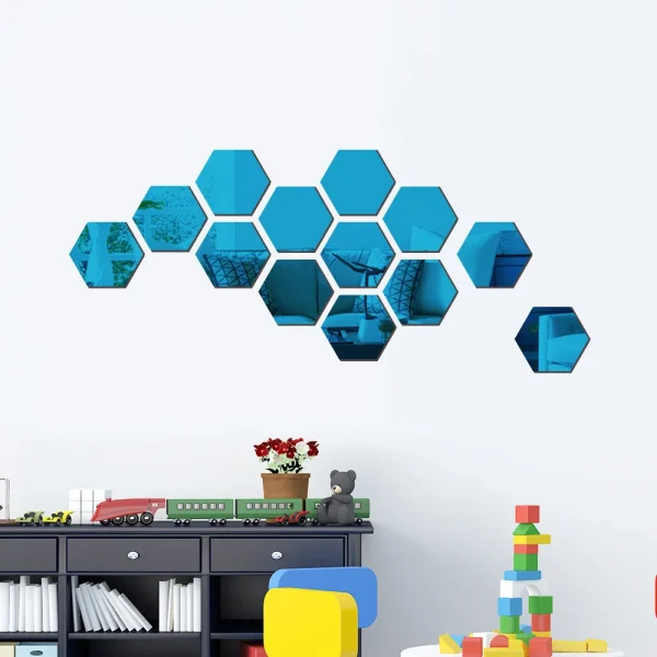 12PCs/Set DIY 3D Mirror Wall Sticker Hexagon Home Decor Mirror Decor Stickers Art Wall Bedroom Decoration Self-adhesive Stickers 4