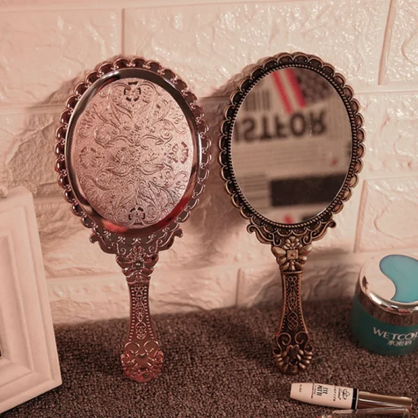 1Pcs Vintage Carved Handheld Vanity Mirror Makeup Mirror Hand Mirror Handle Cosmetic 2
