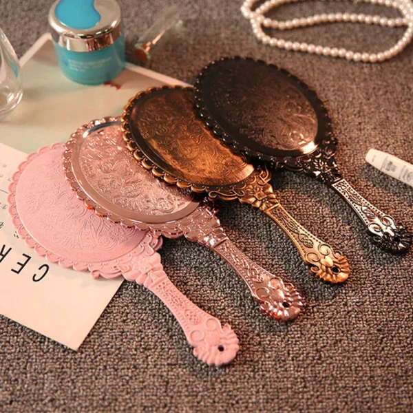 1Pcs Vintage Carved Handheld Vanity Mirror Makeup Mirror Hand Mirror Handle Cosmetic 3