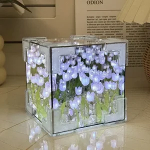 Tulip Mirror Cube Lamp Simulation Flower Bedroom Sleeping DIY Table Lamp Handmade Craft Tulips Mirror Night Light Birthday Gift 1