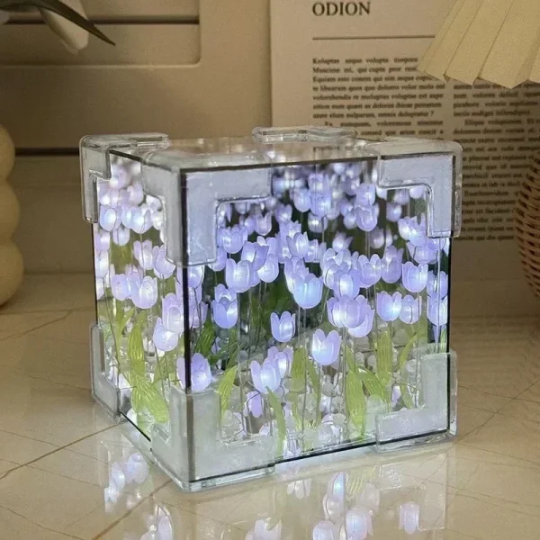 Tulip Mirror Cube Lamp Simulation Flower Bedroom Sleeping DIY Table Lamp Handmade Craft Tulips Mirror Night Light Birthday Gift 1