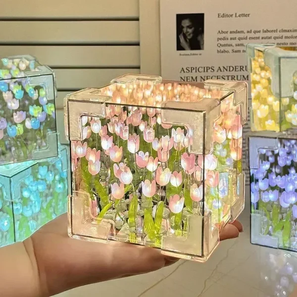 Tulip Mirror Cube Lamp Simulation Flower Bedroom Sleeping DIY Table Lamp Handmade Craft Tulips Mirror Night Light Birthday Gift 3