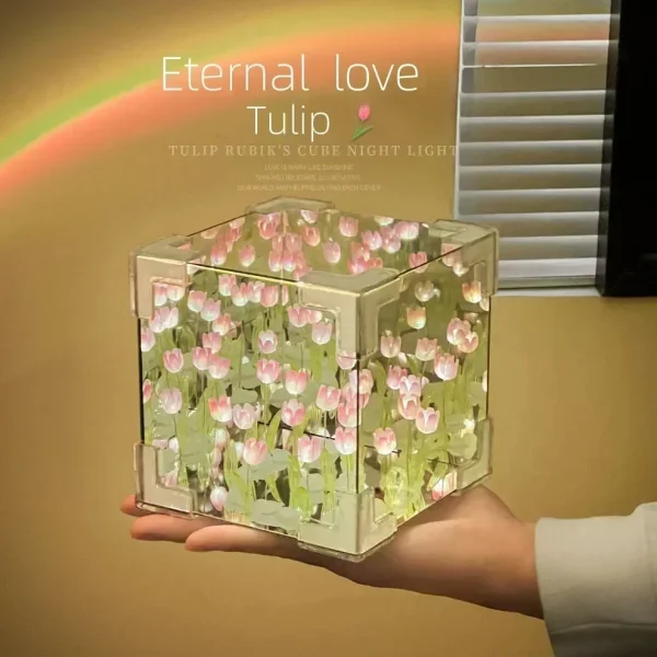Tulip Mirror Cube Lamp Simulation Flower Bedroom Sleeping DIY Table Lamp Handmade Craft Tulips Mirror Night Light Birthday Gift 4