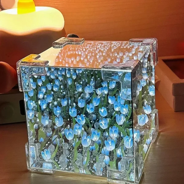 Tulip Mirror Cube Lamp Simulation Flower Bedroom Sleeping DIY Table Lamp Handmade Craft Tulips Mirror Night Light Birthday Gift 5