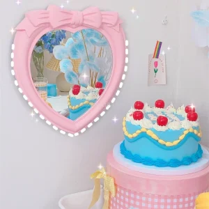 Girl Bow Heart-shaped Mirror Desktop Decoration Wall Mirror Dual-purpose Vanity Room Decoration Mirror 1