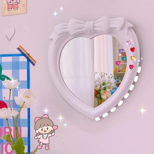 Girl Bow Heart-shaped Mirror Desktop Decoration Wall Mirror Dual-purpose Vanity Room Decoration Mirror 3