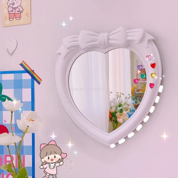 Girl Bow Heart-shaped Mirror Desktop Decoration Wall Mirror Dual-purpose Vanity Room Decoration Mirror 5