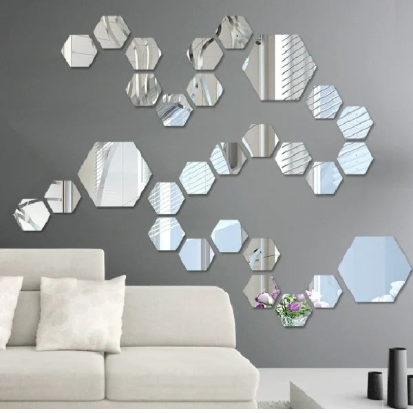 12/24Pcs 3D Hexagon Mirror Wall Stickers DIY Removable Self Adhesive Aesthetic Mosaic Tiles Decals Mirror Home Decoration 4
