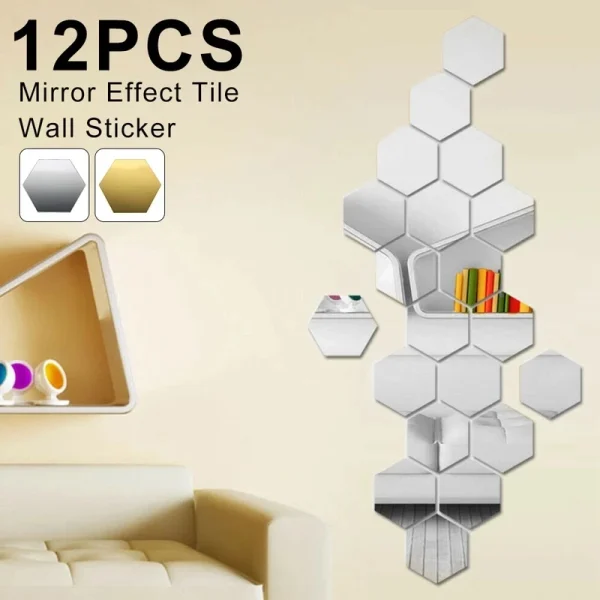 12/6pcs 3D Mirror Wall Stickers Hexagon Shape Acrylic Removable Wall Sticker Decal DIY Home Decoration Art Mirror Ornaments 3