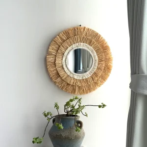 Round Hanging Wall Mirror Decorative Two-tier Raffia Circle Wall Mounted Mirror for Farmhouse Living Room Bedroom Bathroom 1