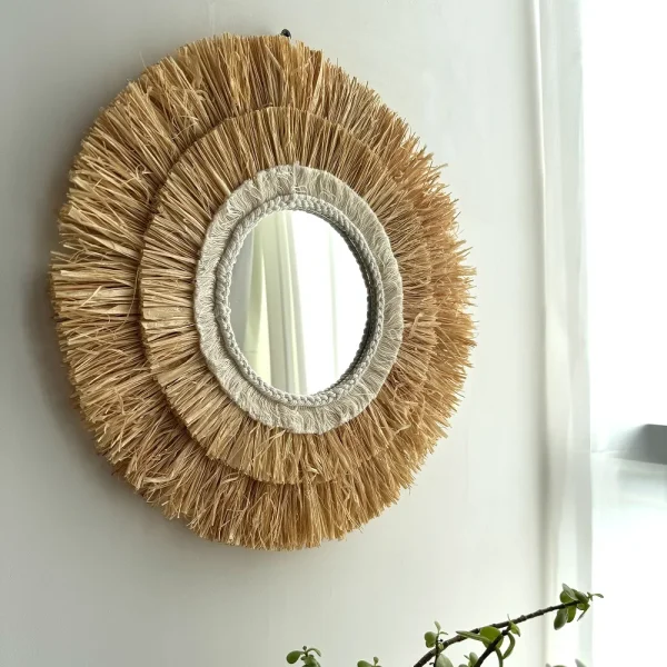 Round Hanging Wall Mirror Decorative Two-tier Raffia Circle Wall Mounted Mirror for Farmhouse Living Room Bedroom Bathroom 2