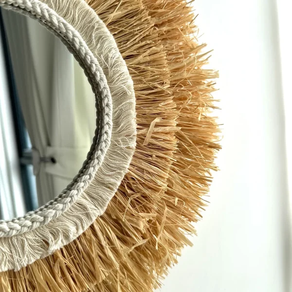 Round Hanging Wall Mirror Decorative Two-tier Raffia Circle Wall Mounted Mirror for Farmhouse Living Room Bedroom Bathroom 3
