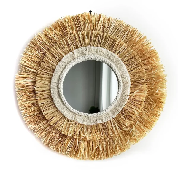 Round Hanging Wall Mirror Decorative Two-tier Raffia Circle Wall Mounted Mirror for Farmhouse Living Room Bedroom Bathroom 4