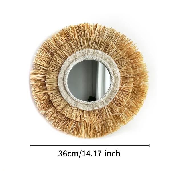 Round Hanging Wall Mirror Decorative Two-tier Raffia Circle Wall Mounted Mirror for Farmhouse Living Room Bedroom Bathroom 5