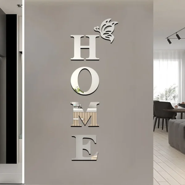 3D Mirror Wall Sticker 'HOME' Logo Entrance Decorative Adhesive Wall Mirror for Home Decor 3