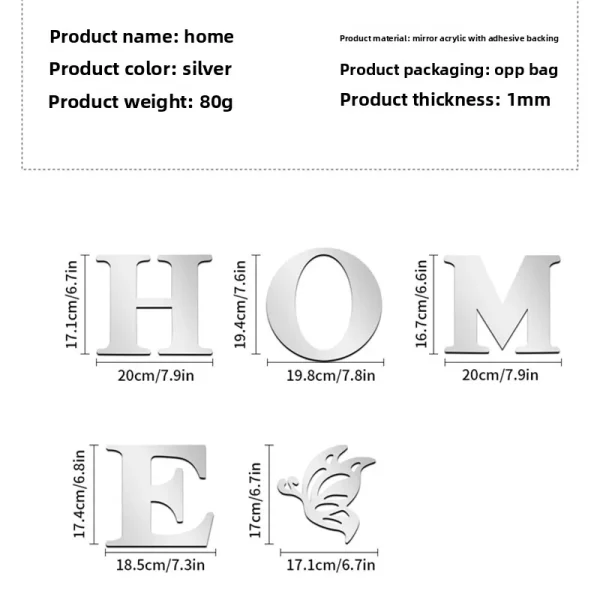 3D Mirror Wall Sticker 'HOME' Logo Entrance Decorative Adhesive Wall Mirror for Home Decor 6