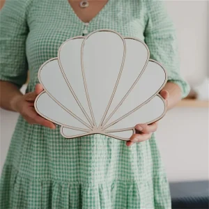 Ins Scandinavian Style Wooden Beach Theme Shell Mirror Wall Decoration Cute Shell Anti-Shattering Mirror, Home Bedroom, Living Room, Boy and Girl Room Background Wall Decorative Mirror 1