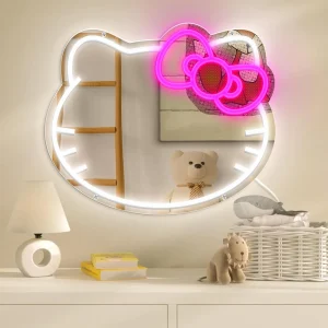 Anime Hello Kit Mirror with Light Neon Sign for Wall Decor Dimmable Neon Mirror for Girl Gift Makeup Mirror Neon Sign Room Decor 1