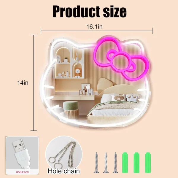 Anime Hello Kit Mirror with Light Neon Sign for Wall Decor Dimmable Neon Mirror for Girl Gift Makeup Mirror Neon Sign Room Decor 3