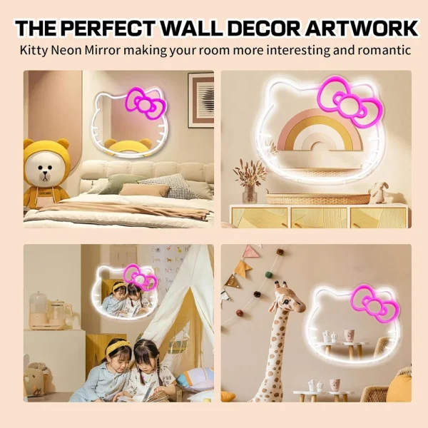 Anime Hello Kit Mirror with Light Neon Sign for Wall Decor Dimmable Neon Mirror for Girl Gift Makeup Mirror Neon Sign Room Decor 4
