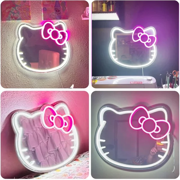 Anime Hello Kit Mirror with Light Neon Sign for Wall Decor Dimmable Neon Mirror for Girl Gift Makeup Mirror Neon Sign Room Decor 6