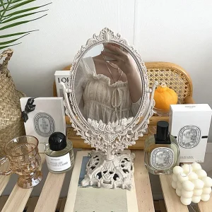 Tabletop Antique Decorative Makeup Mirror with Stand, Vintage Swivel Cosmetic Mirror with Frame, Retro Oval Dressing Mirror 1