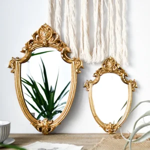 European vintage bathroom wall Hanging makeup mirror travel victorian baroque small framed makeup mirror Resin Gold Wall Mirror 1