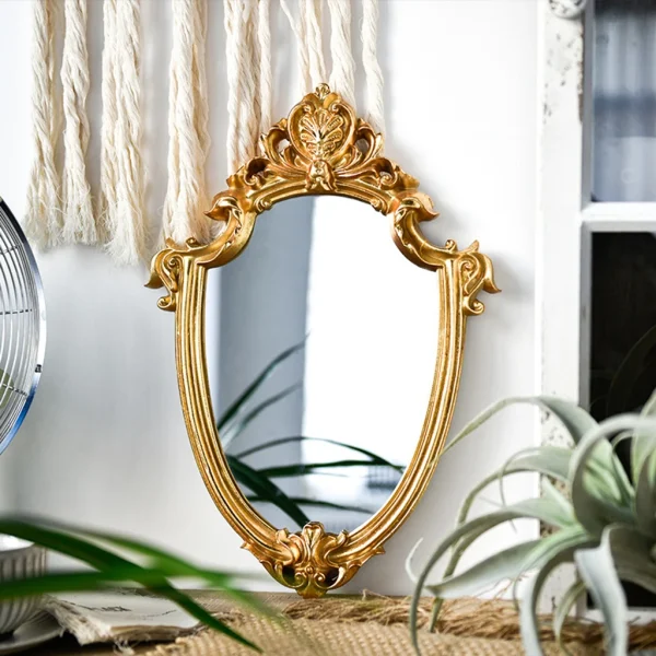 European vintage bathroom wall Hanging makeup mirror travel victorian baroque small framed makeup mirror Resin Gold Wall Mirror 2