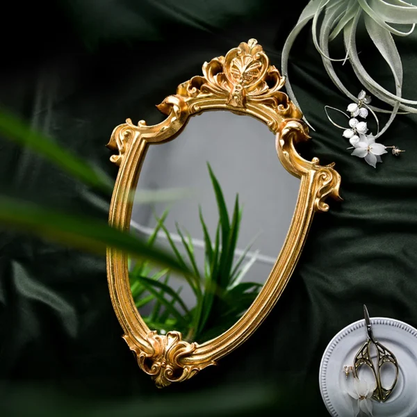 European vintage bathroom wall Hanging makeup mirror travel victorian baroque small framed makeup mirror Resin Gold Wall Mirror 3