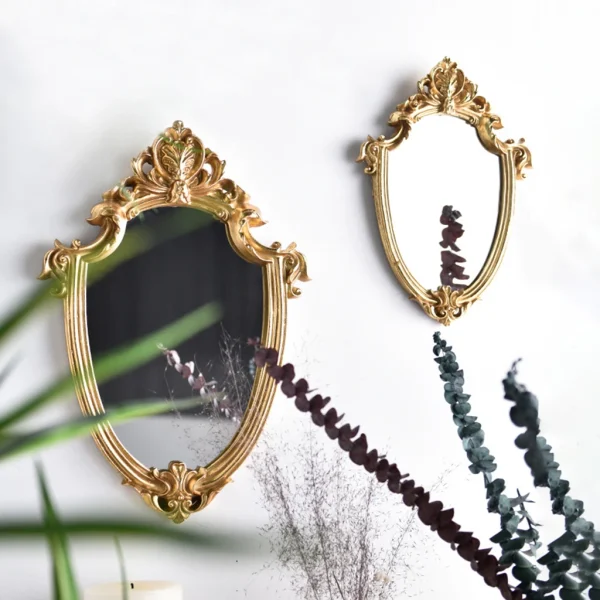 European vintage bathroom wall Hanging makeup mirror travel victorian baroque small framed makeup mirror Resin Gold Wall Mirror 4
