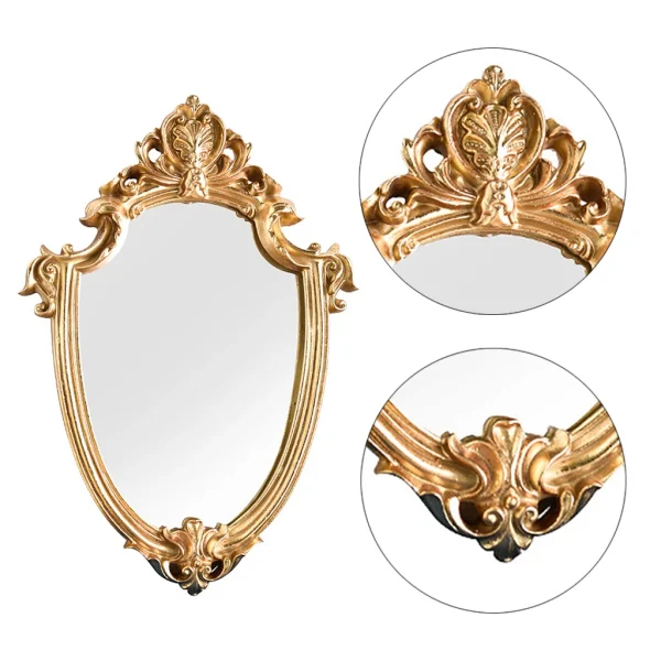 European vintage bathroom wall Hanging makeup mirror travel victorian baroque small framed makeup mirror Resin Gold Wall Mirror 5