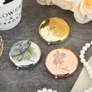 Engraved Compact Mirror with Birth Flower Design Elegant Portable Pocket Mirror for Her Custom Name Personalized Birthday Gift 1