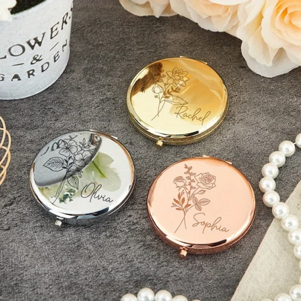 Engraved Compact Mirror with Birth Flower Design Elegant Portable Pocket Mirror for Her Custom Name Personalized Birthday Gift 1