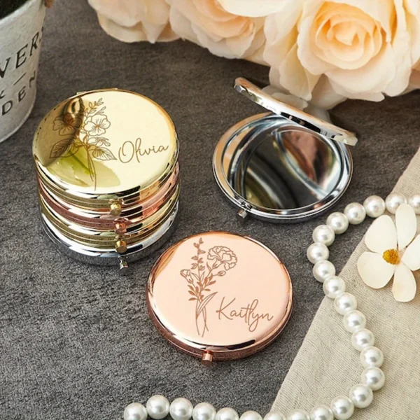 Engraved Compact Mirror with Birth Flower Design Elegant Portable Pocket Mirror for Her Custom Name Personalized Birthday Gift 2