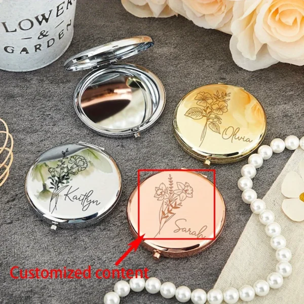 Engraved Compact Mirror with Birth Flower Design Elegant Portable Pocket Mirror for Her Custom Name Personalized Birthday Gift 3