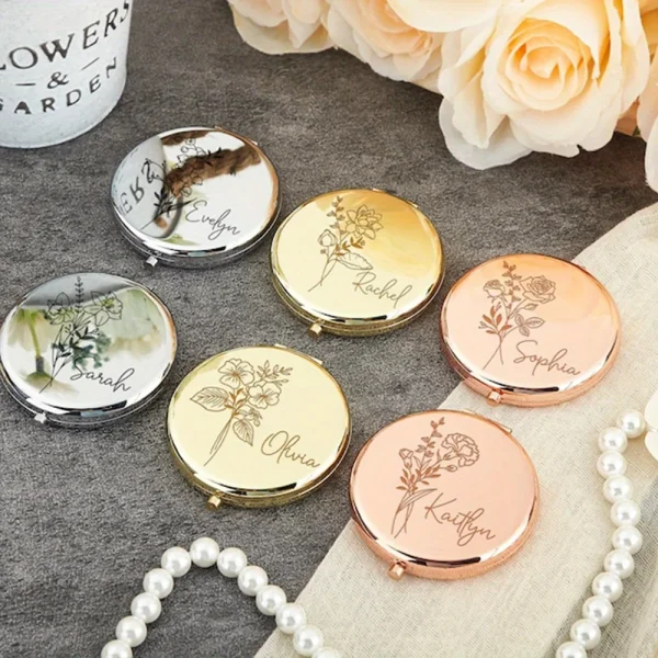 Engraved Compact Mirror with Birth Flower Design Elegant Portable Pocket Mirror for Her Custom Name Personalized Birthday Gift 5