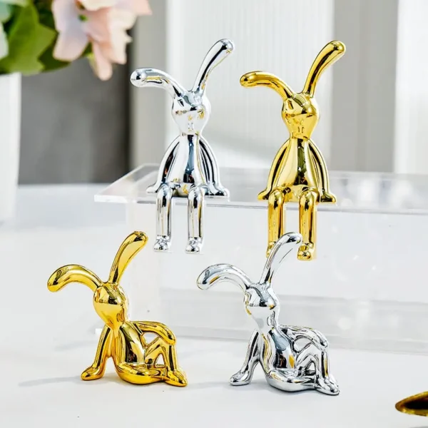 2Pcs Long Ear Funny Cute Bunny Figurine Ornament Electroplating Rabbit Model Toy Statue Car Dashboard Decor Home Christmas Gift 4
