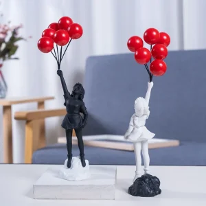 Resin Cartoon Girl Figurine Flying Love Balloon Girl Sculpture Ornaments Abstract Modern Home Desktop Study Office Decor Gift 1