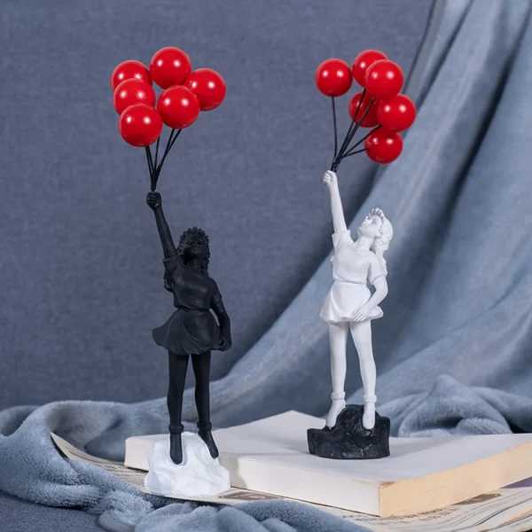 Resin Cartoon Girl Figurine Flying Love Balloon Girl Sculpture Ornaments Abstract Modern Home Desktop Study Office Decor Gift 2