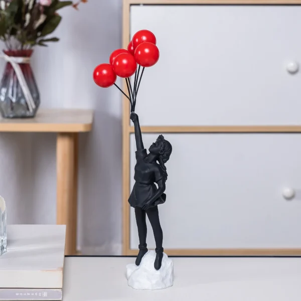 Resin Cartoon Girl Figurine Flying Love Balloon Girl Sculpture Ornaments Abstract Modern Home Desktop Study Office Decor Gift 3
