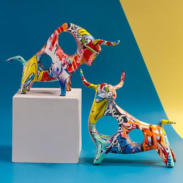 Colorful Cattle Animal Ox Statue Home Decor Living Room Bull Sculpture TV Cabinet Ornament Crafts Abstract Figurine 1