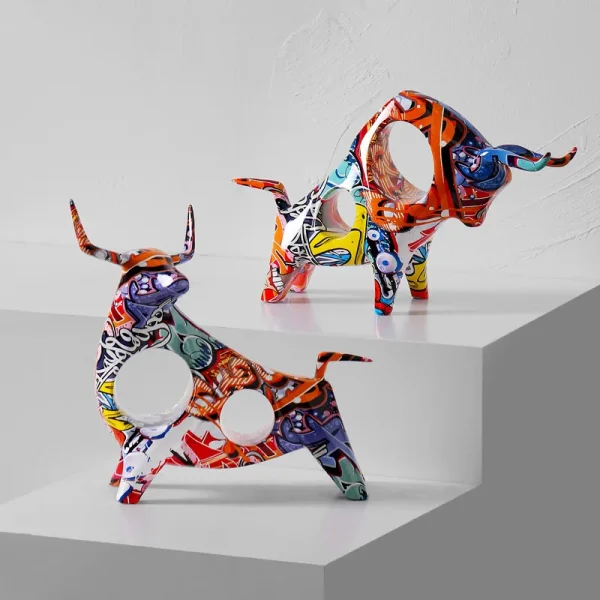 Colorful Cattle Animal Ox Statue Home Decor Living Room Bull Sculpture TV Cabinet Ornament Crafts Abstract Figurine 3