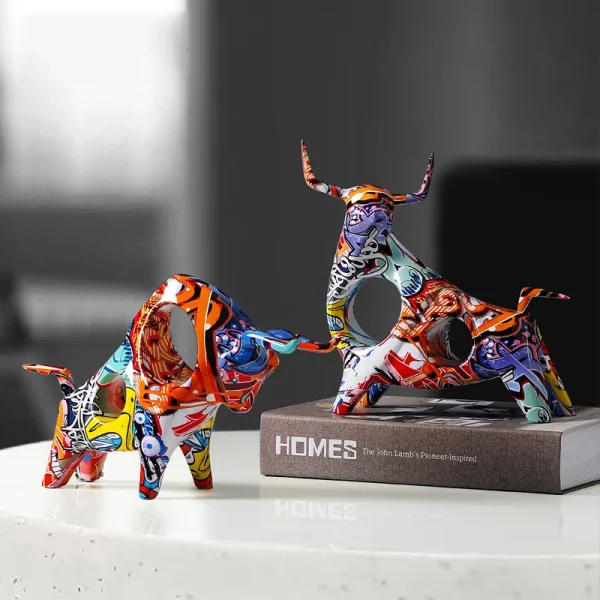 Colorful Cattle Animal Ox Statue Home Decor Living Room Bull Sculpture TV Cabinet Ornament Crafts Abstract Figurine 4