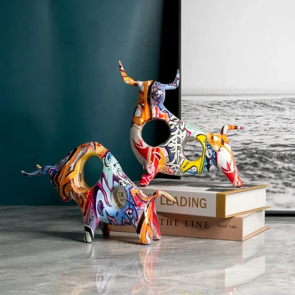 Colorful Cattle Animal Ox Statue Home Decor Living Room Bull Sculpture TV Cabinet Ornament Crafts Abstract Figurine 5