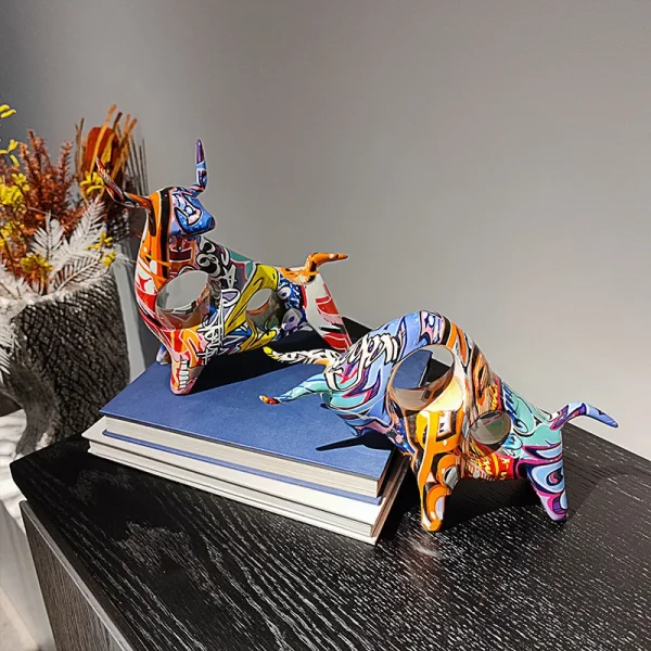 Colorful Cattle Animal Ox Statue Home Decor Living Room Bull Sculpture TV Cabinet Ornament Crafts Abstract Figurine 6