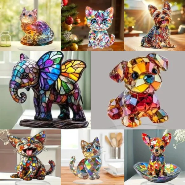 Colored Animals Cat Dog Elephant 2D Flat Acrylic Figurine,Home,Office,Studio,Cafe,Room,Display Case,Table Ornament Desktop Decor 1