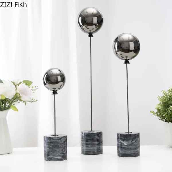 Natural Marble Base Metal Ornaments Balloon Sculpture Living Room Statue Home Accessories Decoration Crafts Figurines Miniatures 3